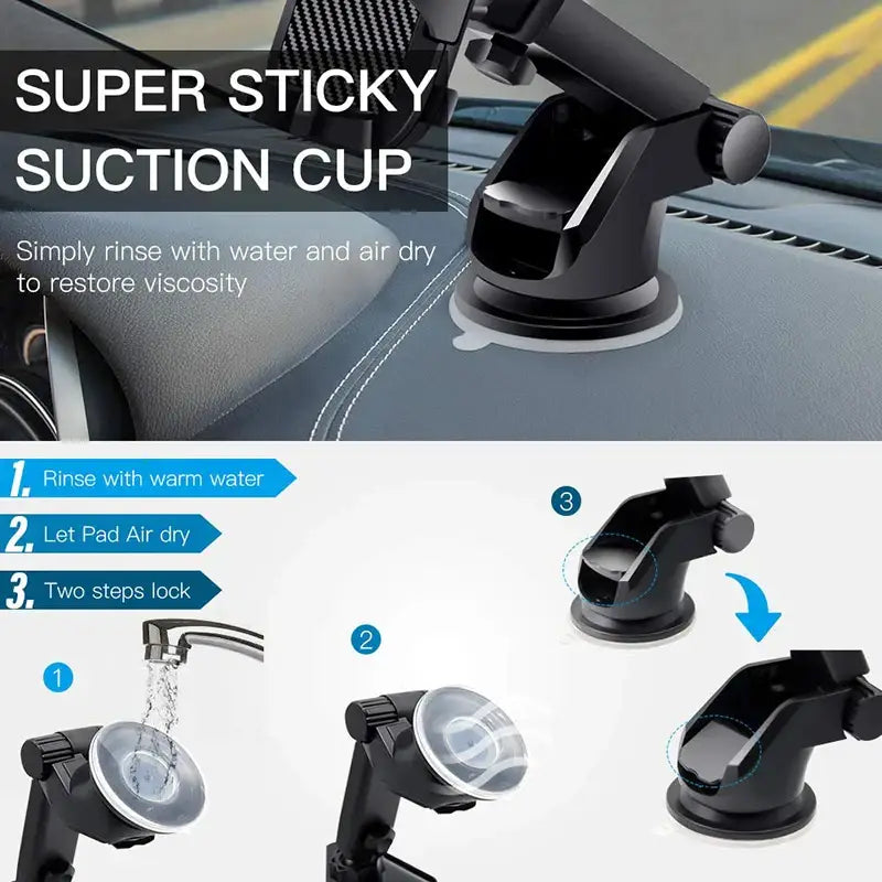 Car phone holder with super sticky suction cup and instructions on how to use it.