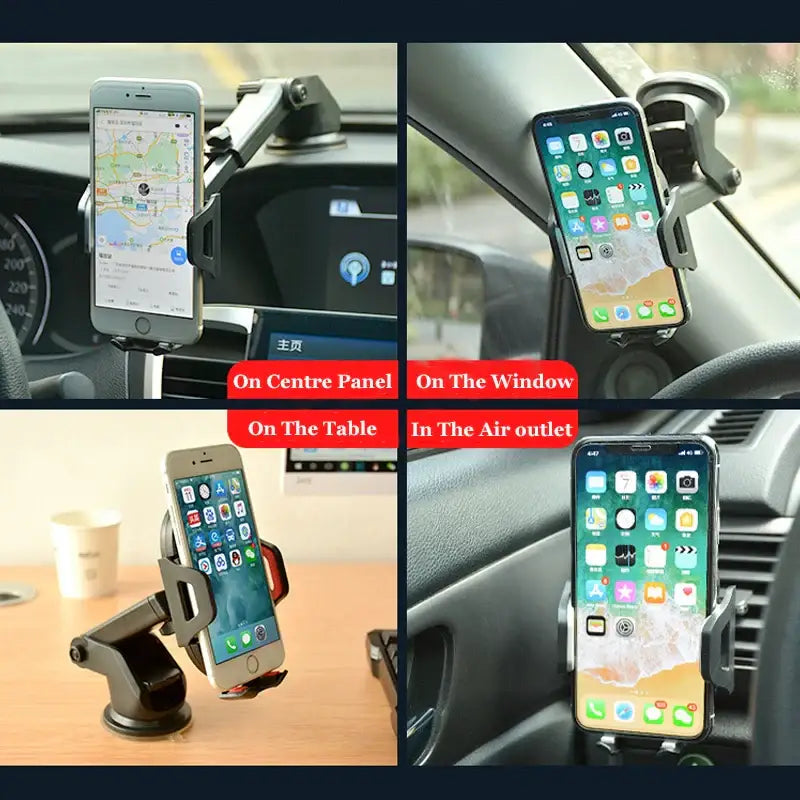 Collage of a smartphone holder in various positions including center panel, window, table, and air outlet.