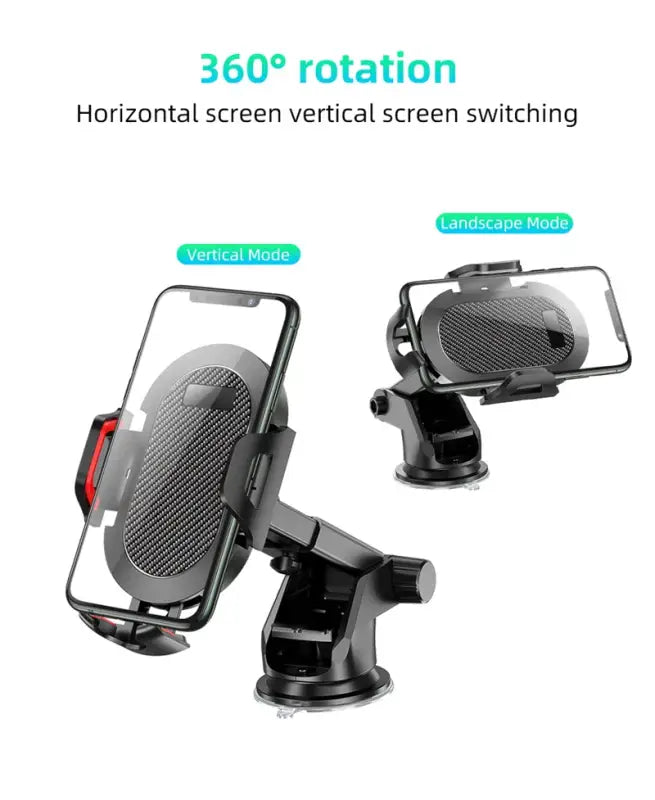 Car phone holder with 360-degree rotation feature on a white background