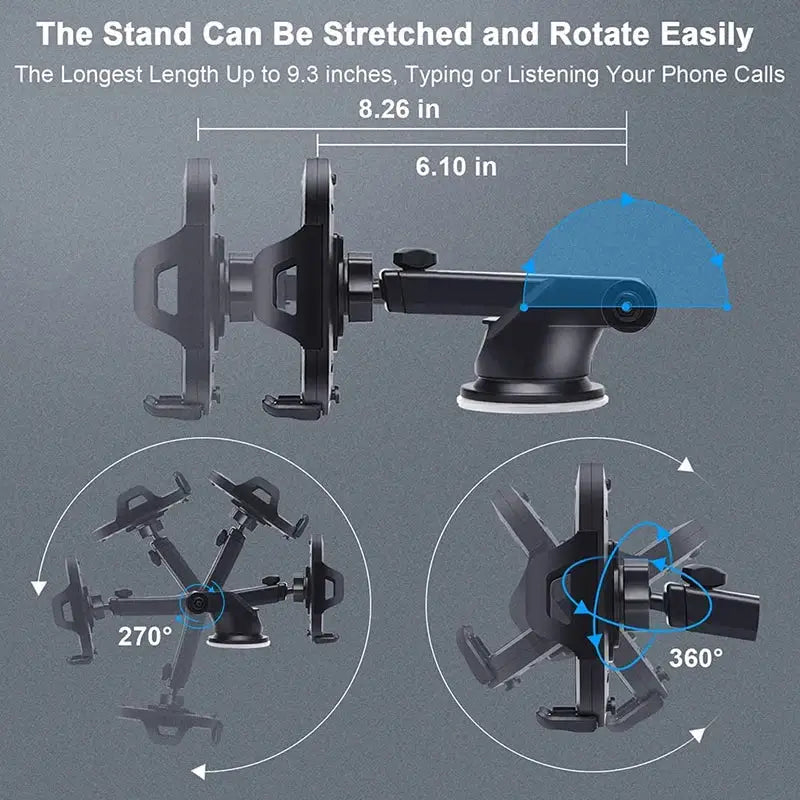 Phone holder with stretchable and rotatable design on a gray background
