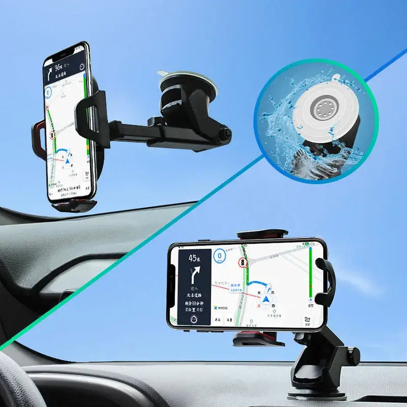 Car phone holder with smartphone displaying navigation app on a blue background