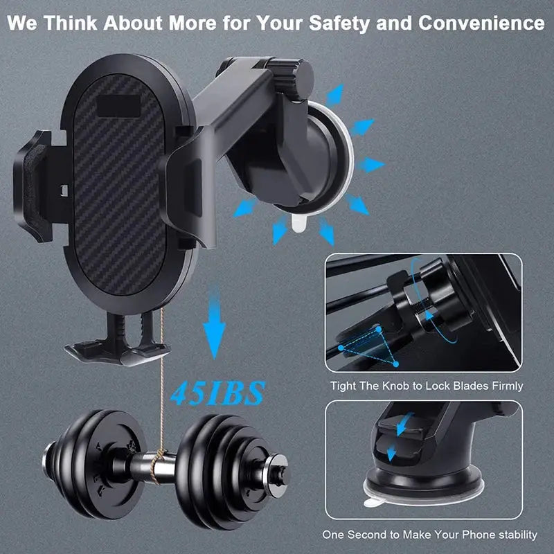 Phone holder with weightlifting setup on a gray background