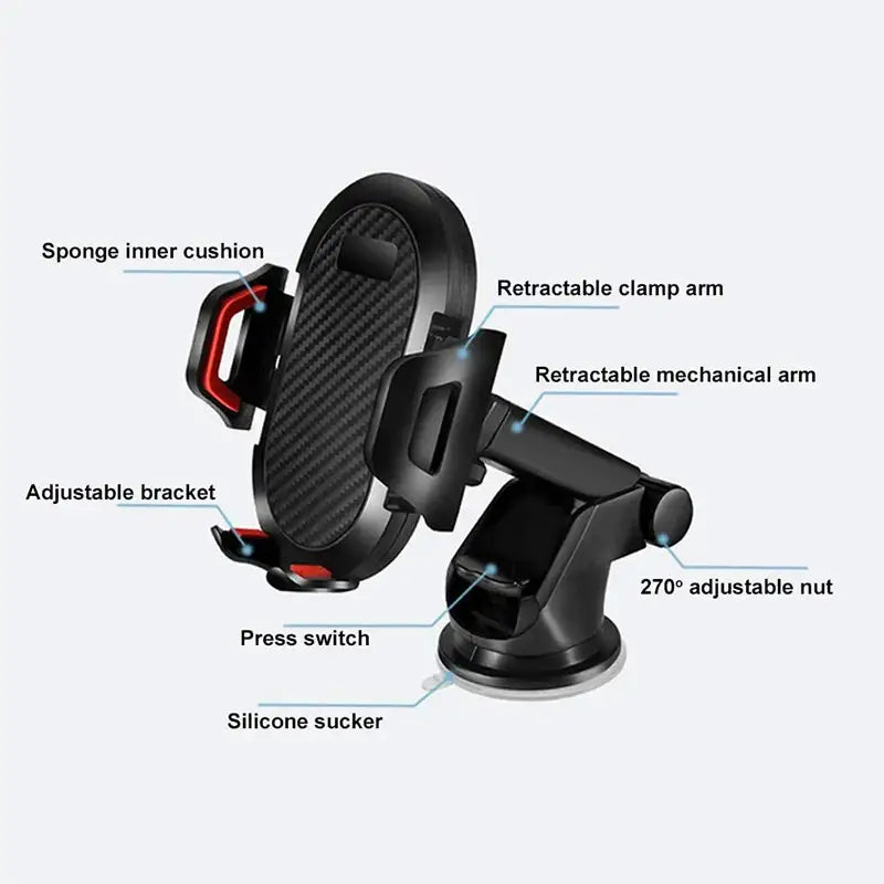 Car phone holder with labeled features on a white background