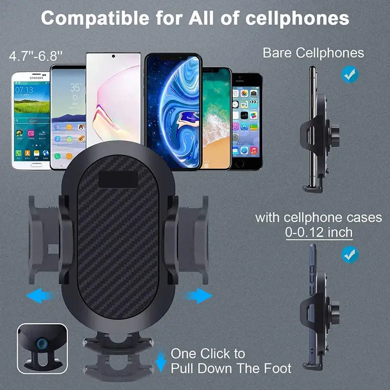 Phone holder compatibility chart for various smartphone sizes and cases on a gray background