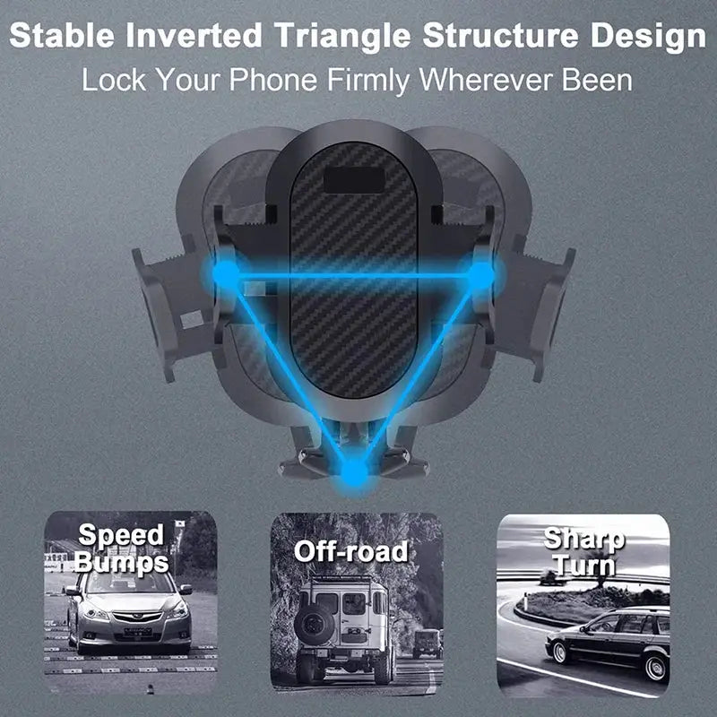 Phone holder with stable inverted triangle design on a gray background