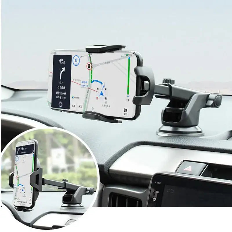 Car phone holder with smartphone displaying navigation app on car dashboard