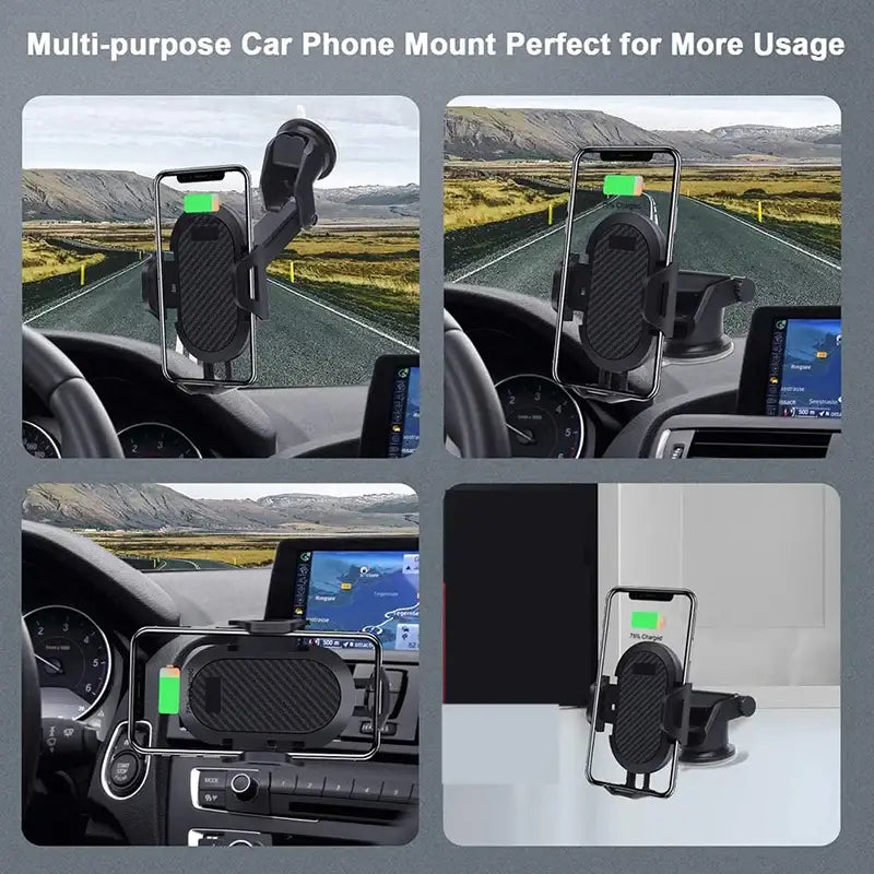 Multi-purpose car phone mount in various usage scenarios with scenic backgrounds.