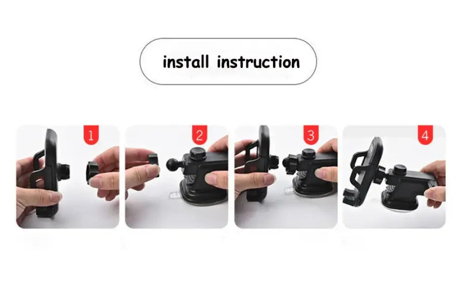 Step-by-step installation instructions for a phone mount on a white background