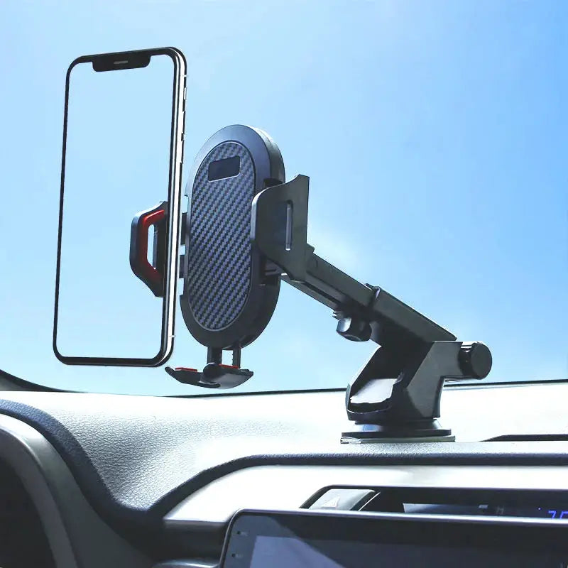 Car phone holder on a car dashboard with a clear blue sky background
