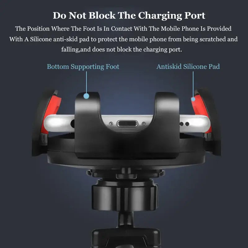 Phone holder with anti-skid silicone pad and bottom supporting foot on a dark background