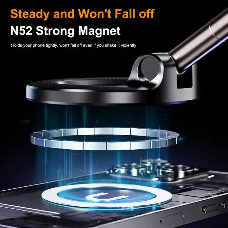 Strong magnet holding a phone with text 'Steady and Won't Fall off N52 Strong Magnet' on a dark background