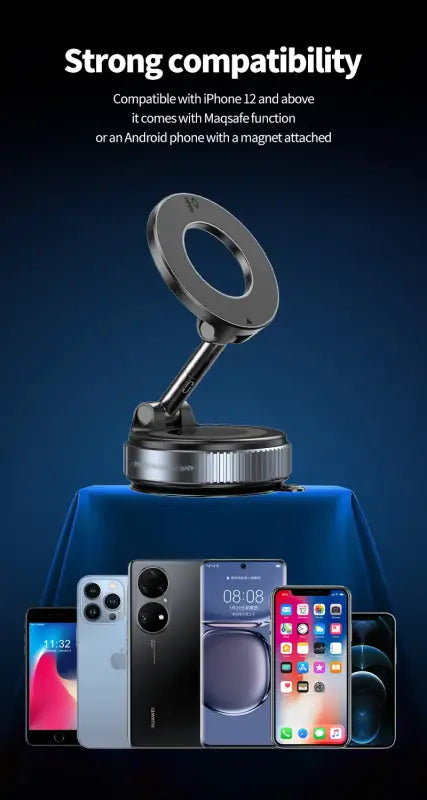 Phone holder with compatibility text on a blue background