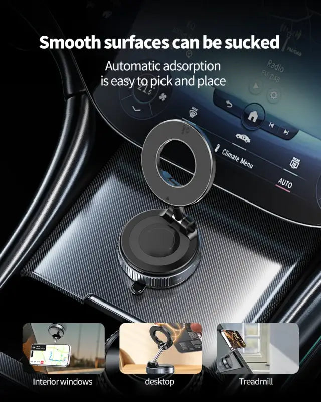 Car mount withๅธ้ๅ่ฝ on a car dashboard, showing its versatility on different surfaces.