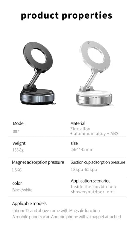 Product properties of a magnetic phone holder with specifications listed.