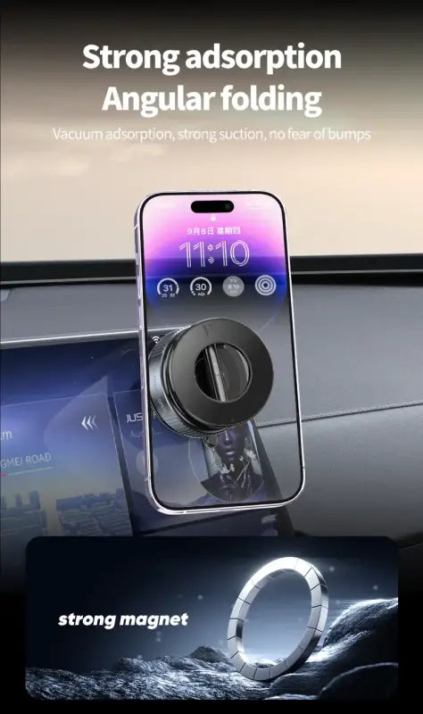 Phone holder with strong magnet on a car dashboard, showing text about adsorption and folding.