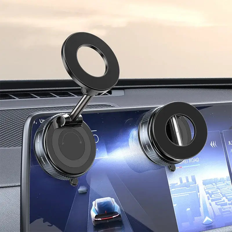 Phone holder with a car mount on a car dashboard