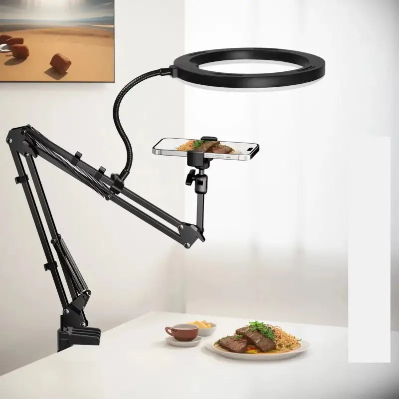 Flexible arm with magnifying glass and smartphone holder on a white surface
