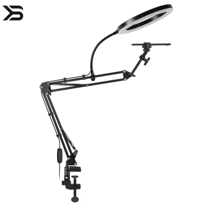 Black adjustable magnifying lamp with a white background