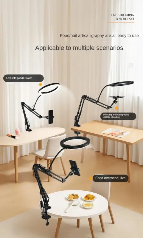 Three flexible arm desk lights on different surfaces with text indicating their use cases.