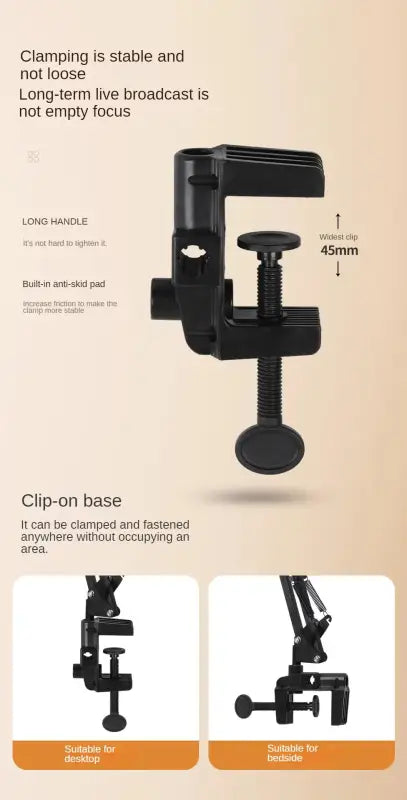 Black clamping device with measurements and usage instructions on a beige background