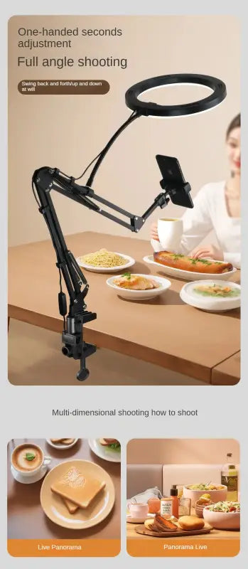 Flexible arm with phone holder on a table with food, featuring text about camera adjustments.