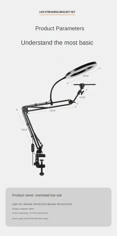 Lamp with adjustable arm on a white background, product parameters displayed.