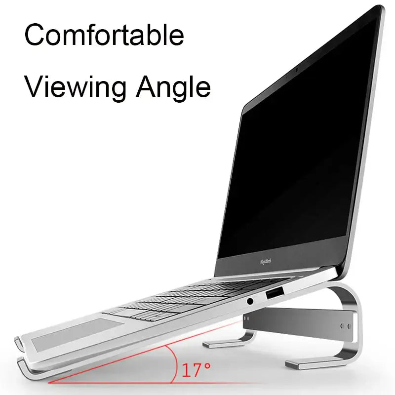 Laptop on a stand with text 'Comfortable Viewing Angle' and a diagram showing a 17-degree angle.