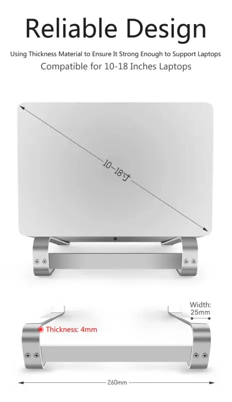 Laptop stand with dimensions and material properties on a white background