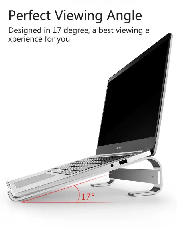 Laptop on a stand with text about perfect viewing angle and 17-degree design.