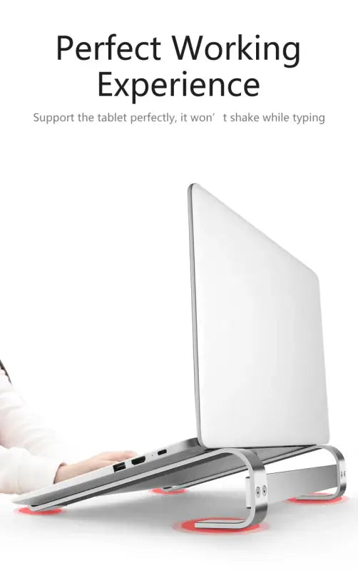 Laptop stand supporting a tablet with text about a perfect working experience.