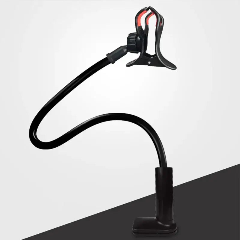 Black flexible phone holder with a clip on a white background