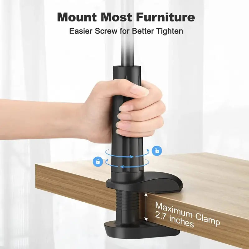 Hand using a black clamp to secure a wooden surface with text indicating its features.