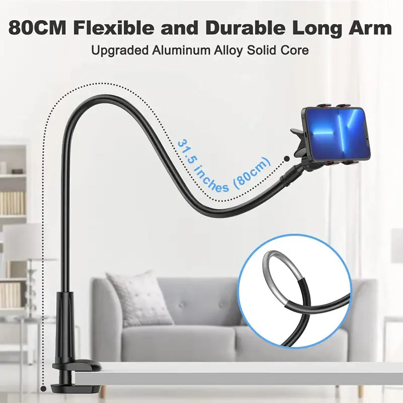 Phone holder with flexible long arm in a living room setting