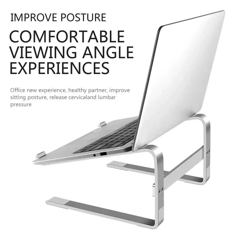 Laptop stand with text about improving posture and viewing angle