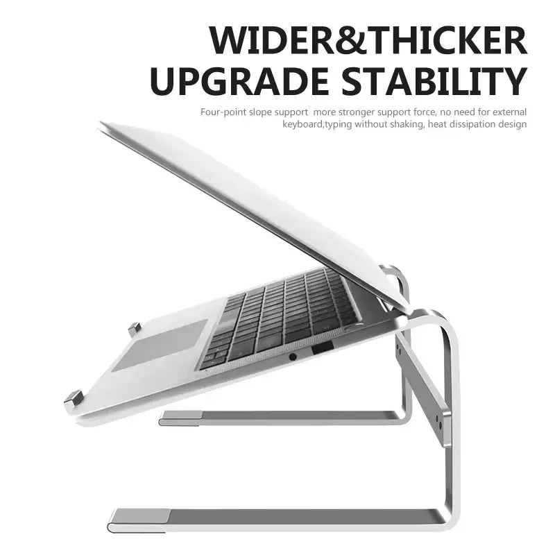 Laptop on a stand with text highlighting stability and design features