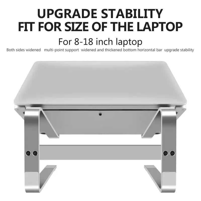 Laptop stand with text on stability and compatibility for laptops of size 8-18 inches.