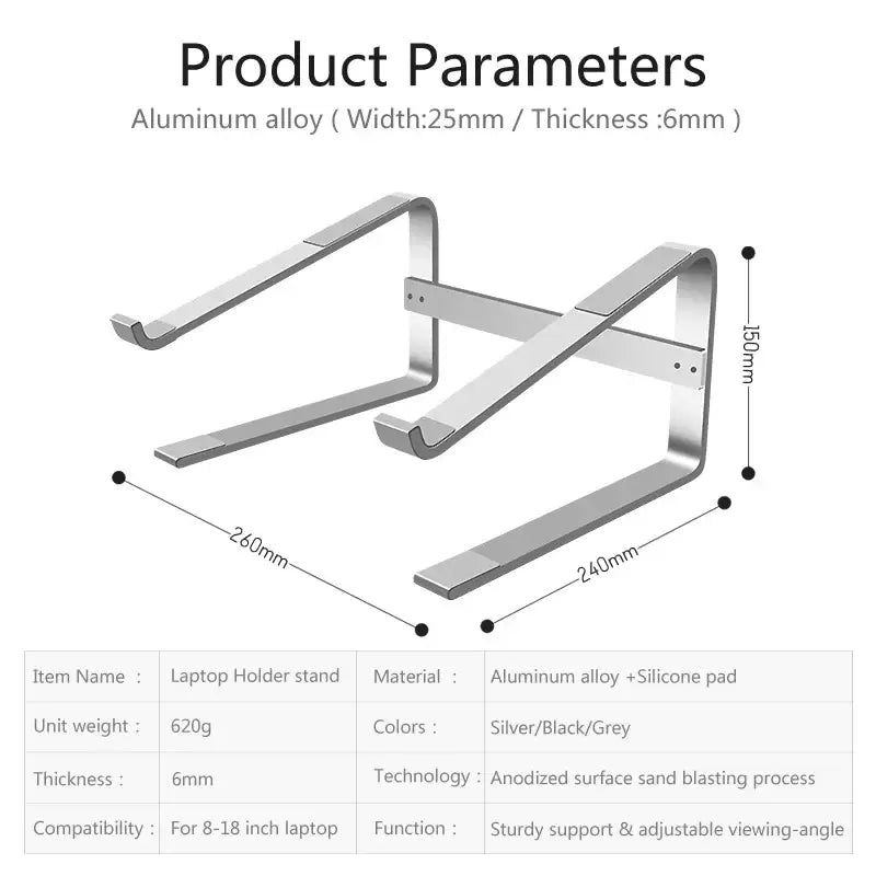 Laptop holder stand with dimensions and material details on a white background