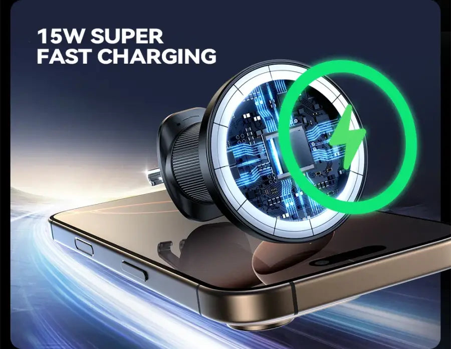 Smartphone with a charging dock and '15W Super Fast Charging' text on a dark background