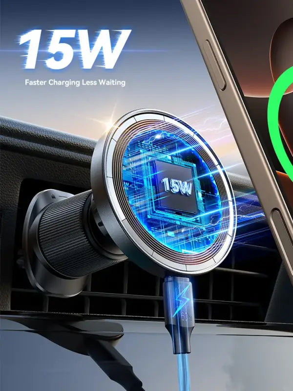 Car charger with 15W charging indicator on a blurred car interior background