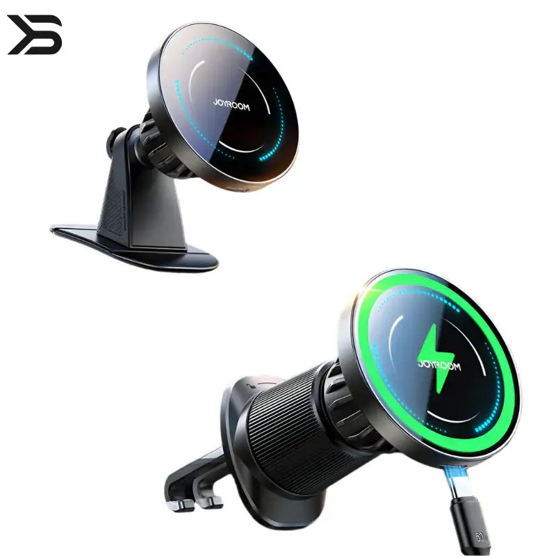 Car mount with green light indicator on dashboard, featuring JOYROOM branding.