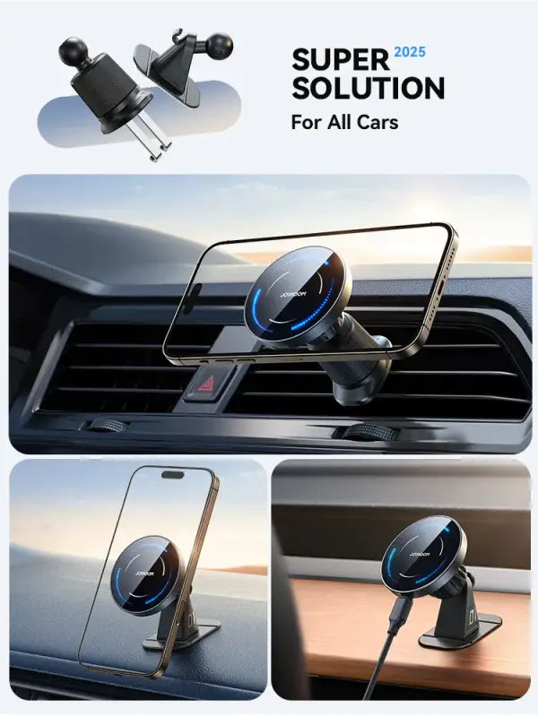 Car phone holder with various mounting options on a white background