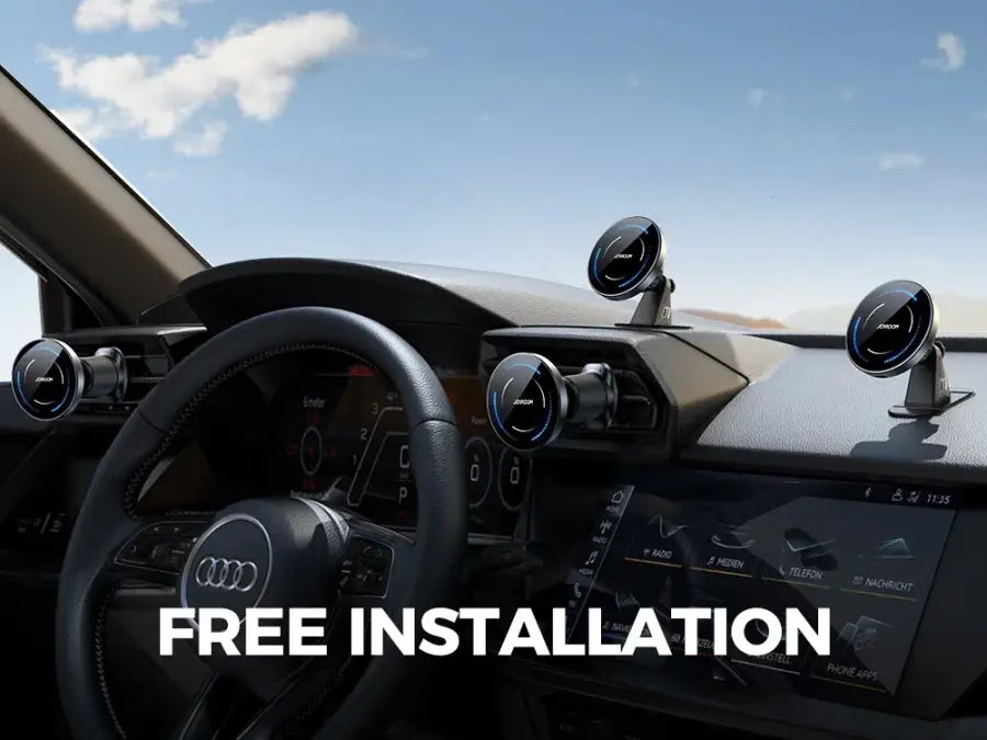 Car interior with dashboard and steering wheel, featuring 'Free Installation' text.