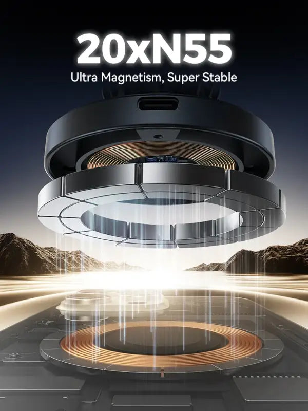 Technical diagram of a magnetic component with '20xN55' text, showing ultra-magnetism and stability.