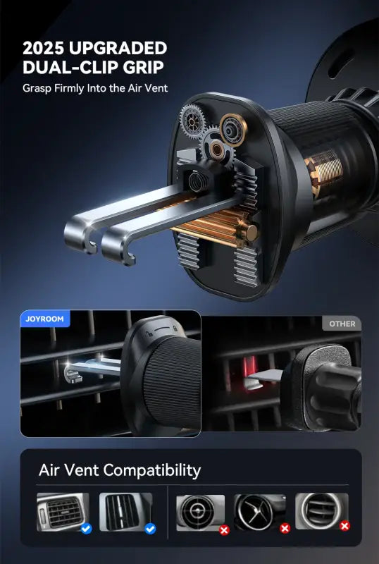 2025 Upgraded Dual-Clip Grip with air vent compatibility details on a dark background