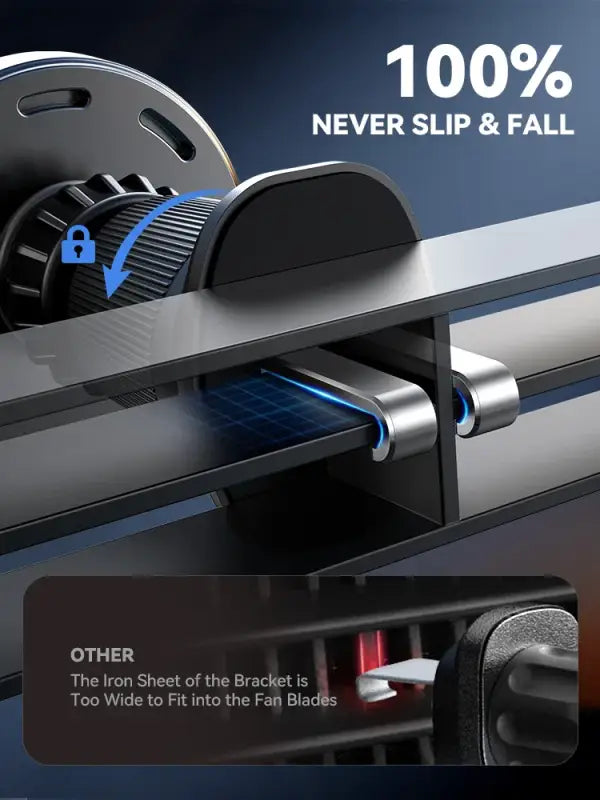 Mechanical component with text '100% Never Slip & Fall' on a dark background