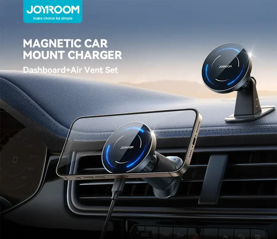 Joyroom magnetic car mount charger set on a car dashboard with a blurred outdoor background.