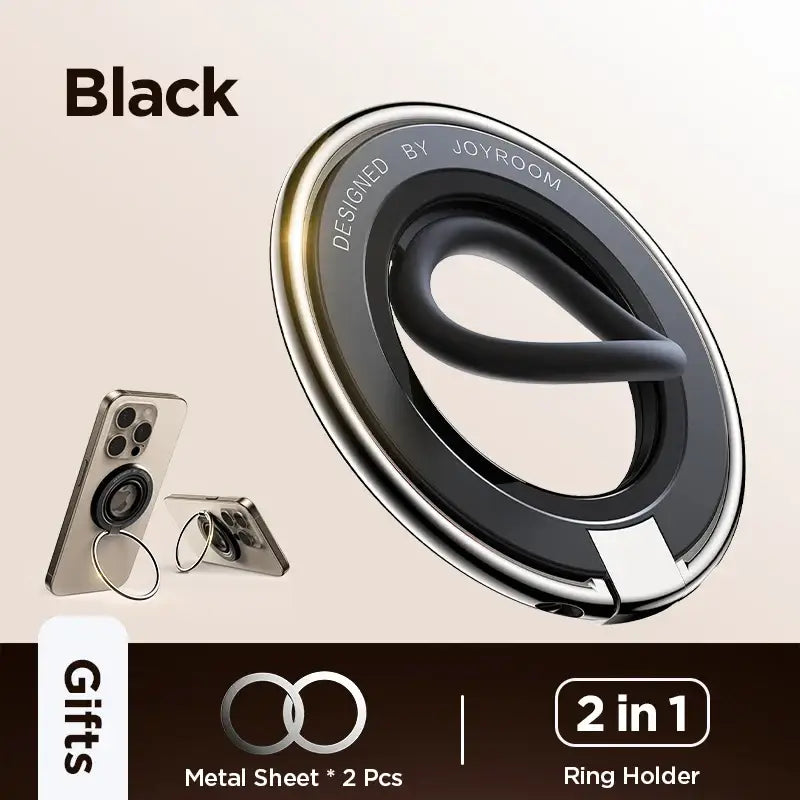 Black ring holder with 'Joyroom' branding on a beige background