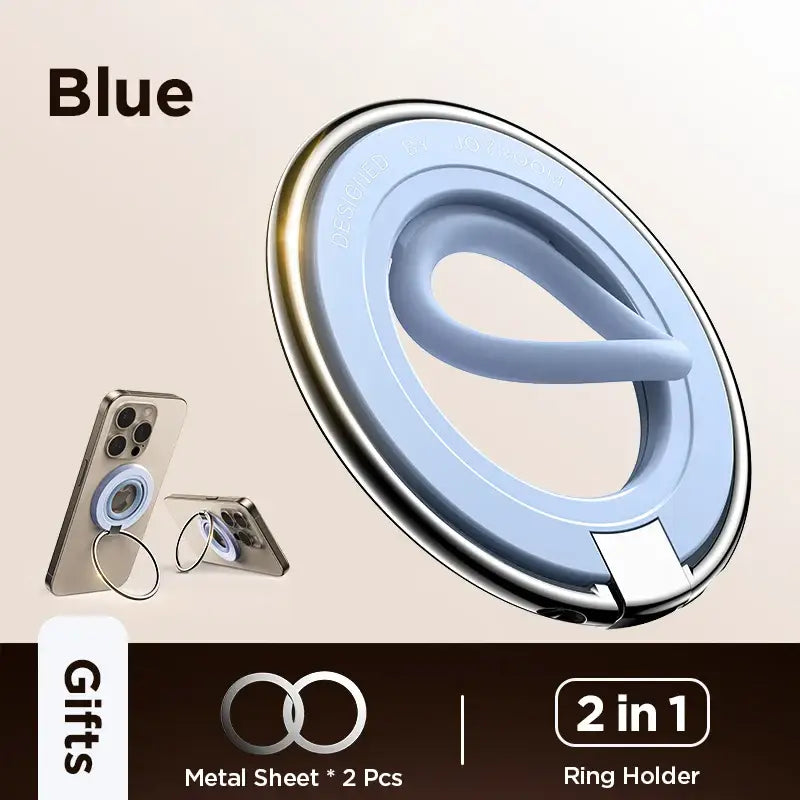 Blue ring holder with phone case on a beige background