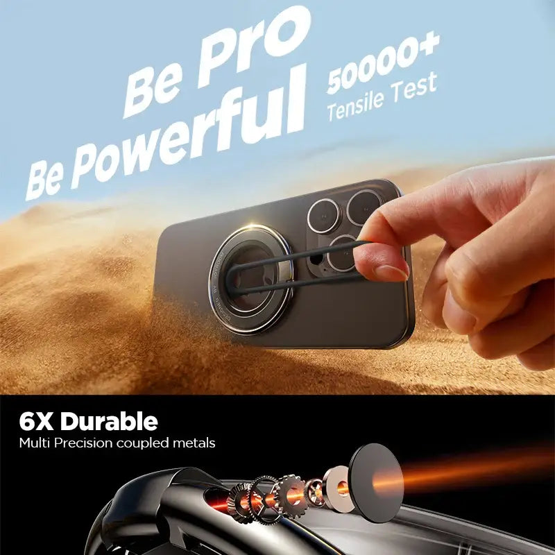 Hand holding a phone with a magnetic mount, sand background, and text about durability and strength.