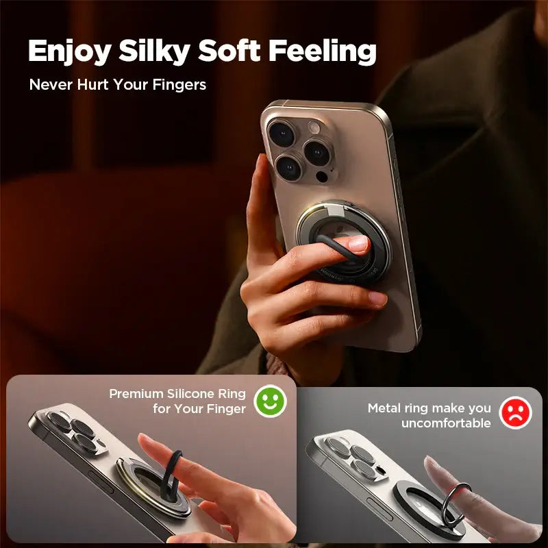 Person holding a phone with a silicone ring holder, emphasizing comfort and design.